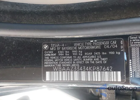 2004 BMW 325I from USA, damaged, VIN WBAAZ33434KP87642